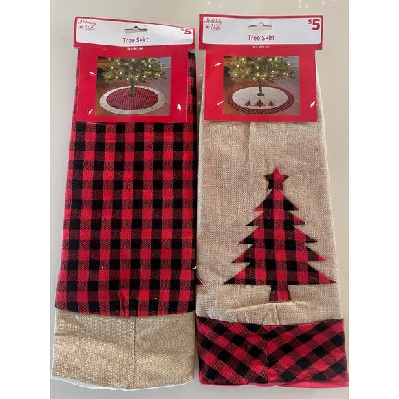 2 Pack Christmas Tree Skirt Buffalo Plaid Checker Red Black Burlap Style 38 In - Picture 1 of 3